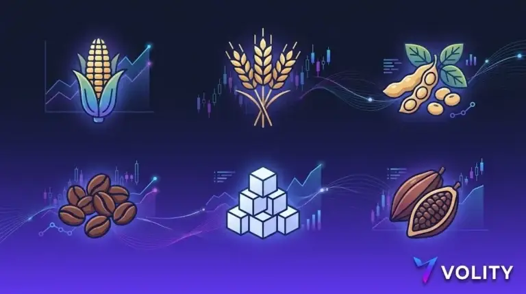 Agricultural commodities trading on Volity: grains (corn, wheat), softs (coffee, sugar) and livestock CFDs with 1:100 leverage