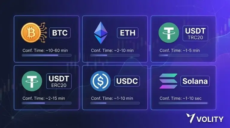 Crypto deposit guide on Volity: BTC, ETH, USDT and USDC funding flow across multiple networks with segregated client custody