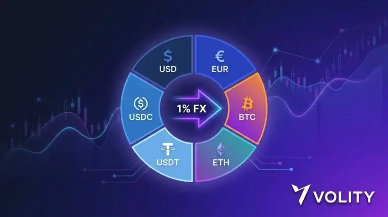 Multi-currency wallet on Volity: hold USD, EUR, BTC, ETH, USDT and USDC in one CySEC-regulated account with in-app FX conversion