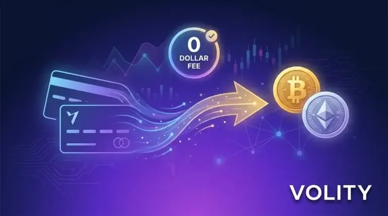 Buy crypto with card on Volity: instant card purchase of BTC, ETH, USDT, USDC plus SEPA bank transfer onramp options