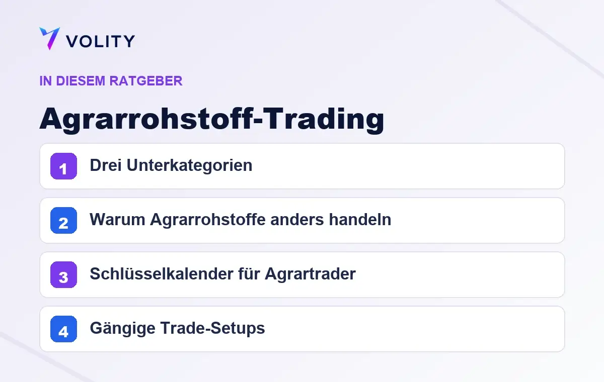 Wichtige Abschnitte in diesem Volity-Ratgeber zu Agrarrohstoff-Trading