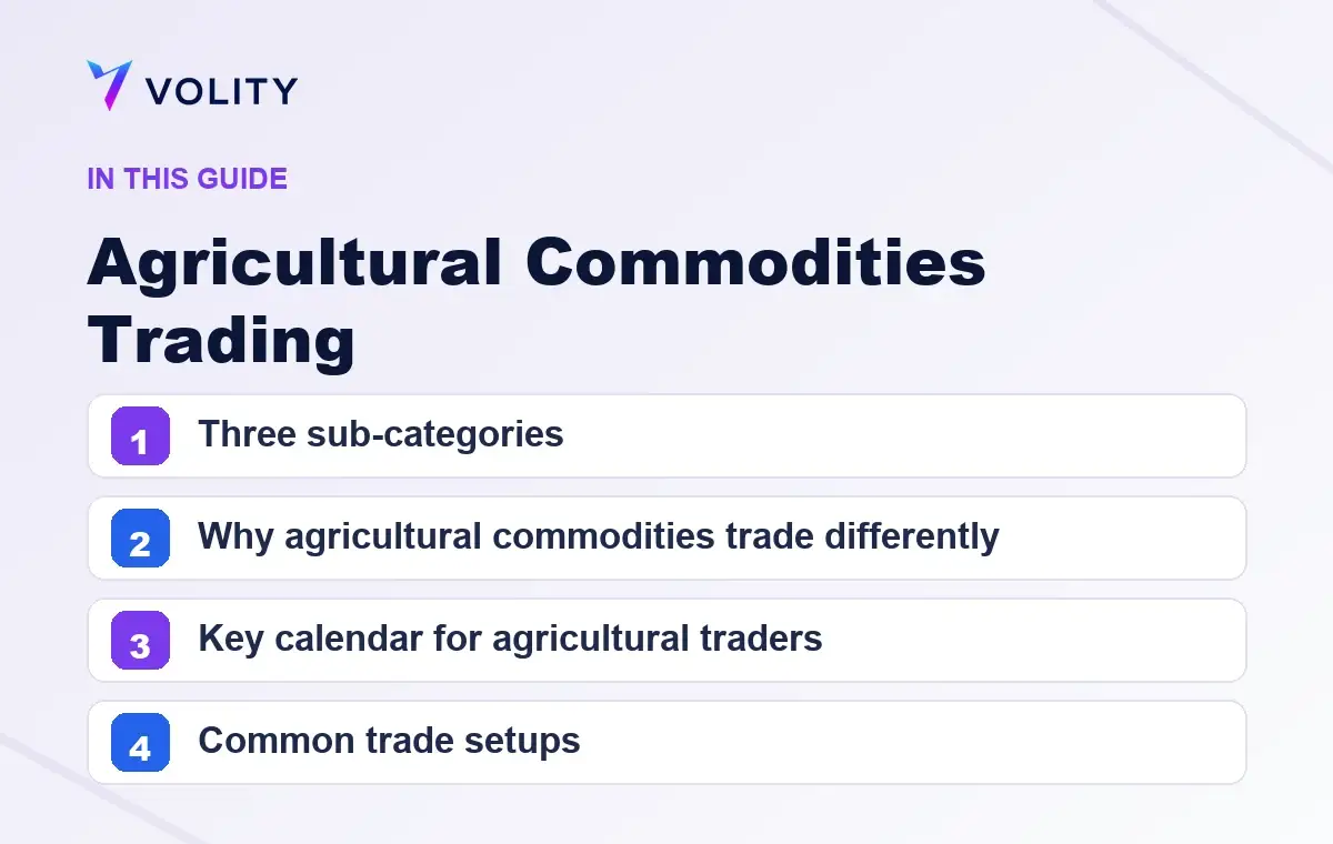 Key sections covered in this Volity guide to Agricultural Commodities Trading