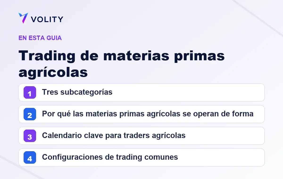 Secciones clave de esta guía de Volity sobre Trading de materias primas agrícolas