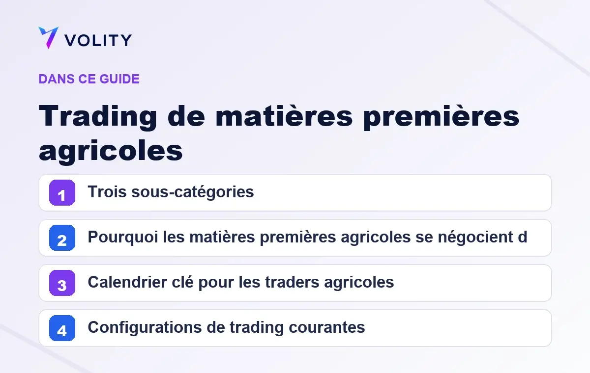 Sections clés de ce guide Volity sur Trading de matières premières agricoles