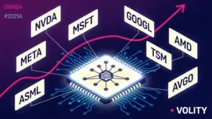 Best AI stocks illustration: semiconductor microchip with neural-network nodes radiating to NVDA, MSFT, GOOGL, META, AMD, TSM, ASML, AVGO ticker cards.