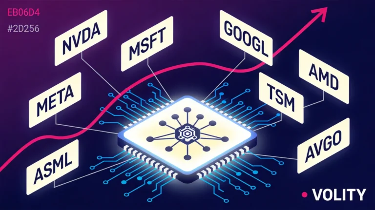 Best AI stocks illustration: semiconductor microchip with neural-network nodes radiating to NVDA, MSFT, GOOGL, META, AMD, TSM, ASML, AVGO ticker cards.