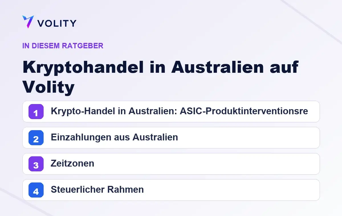 Wichtige Abschnitte in diesem Volity-Ratgeber zu Kryptohandel in Australien auf Volity