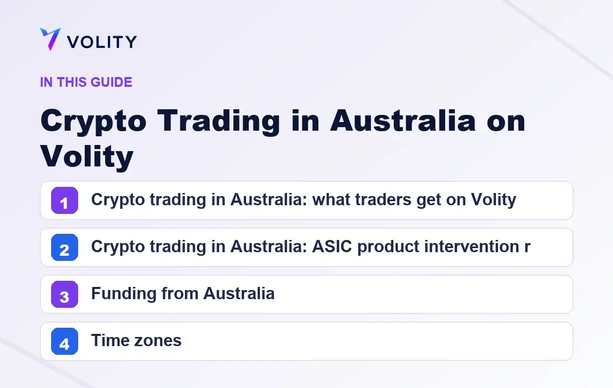 Key sections covered in this Volity guide to Crypto Trading in Australia on Volity