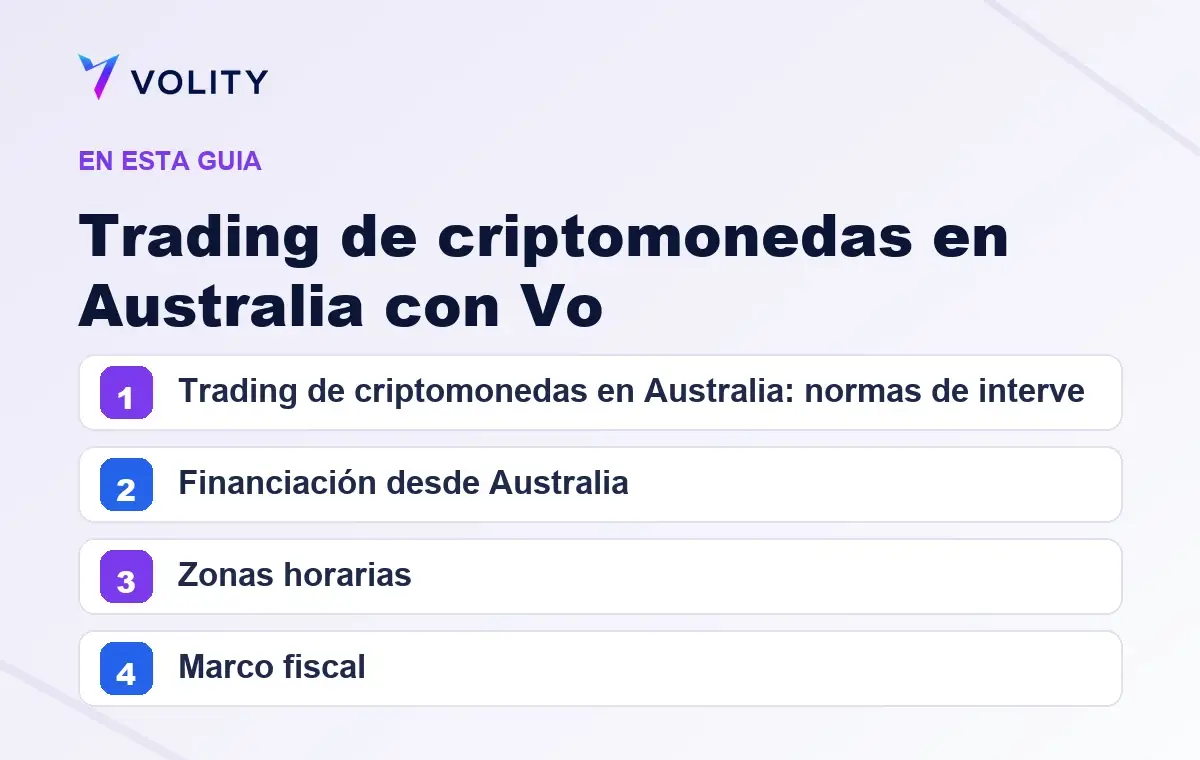 Secciones clave de esta guía de Volity sobre Trading de criptomonedas en Australia con Vo