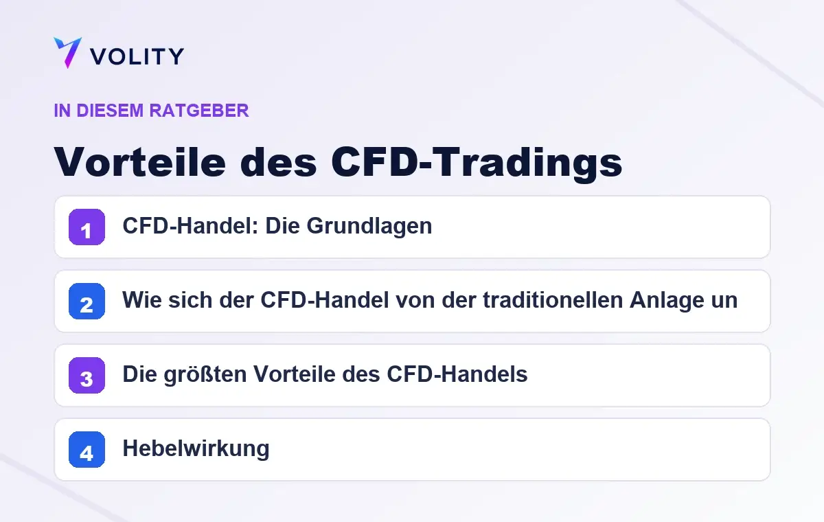 Wichtige Abschnitte in diesem Volity-Ratgeber zu Vorteile des CFD-Tradings