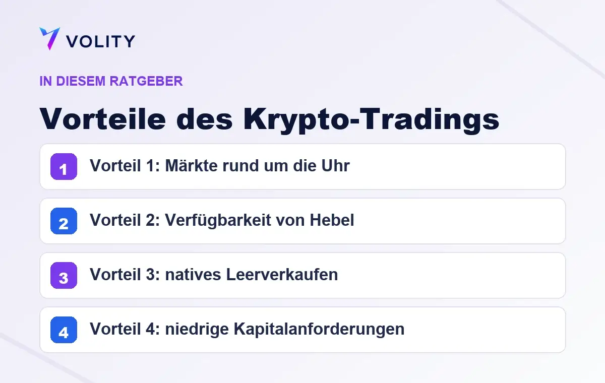 Wichtige Abschnitte in diesem Volity-Ratgeber zu Vorteile des Krypto-Tradings