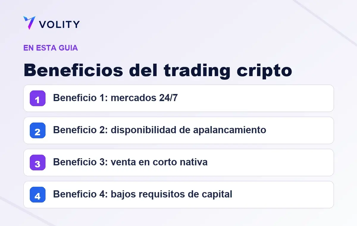 Secciones clave de esta guía de Volity sobre Beneficios del trading cripto