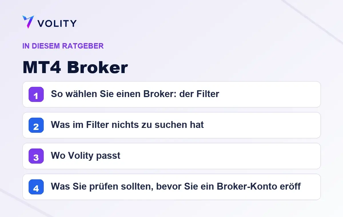 Wichtige Abschnitte in diesem Volity-Ratgeber zu MT4 Broker