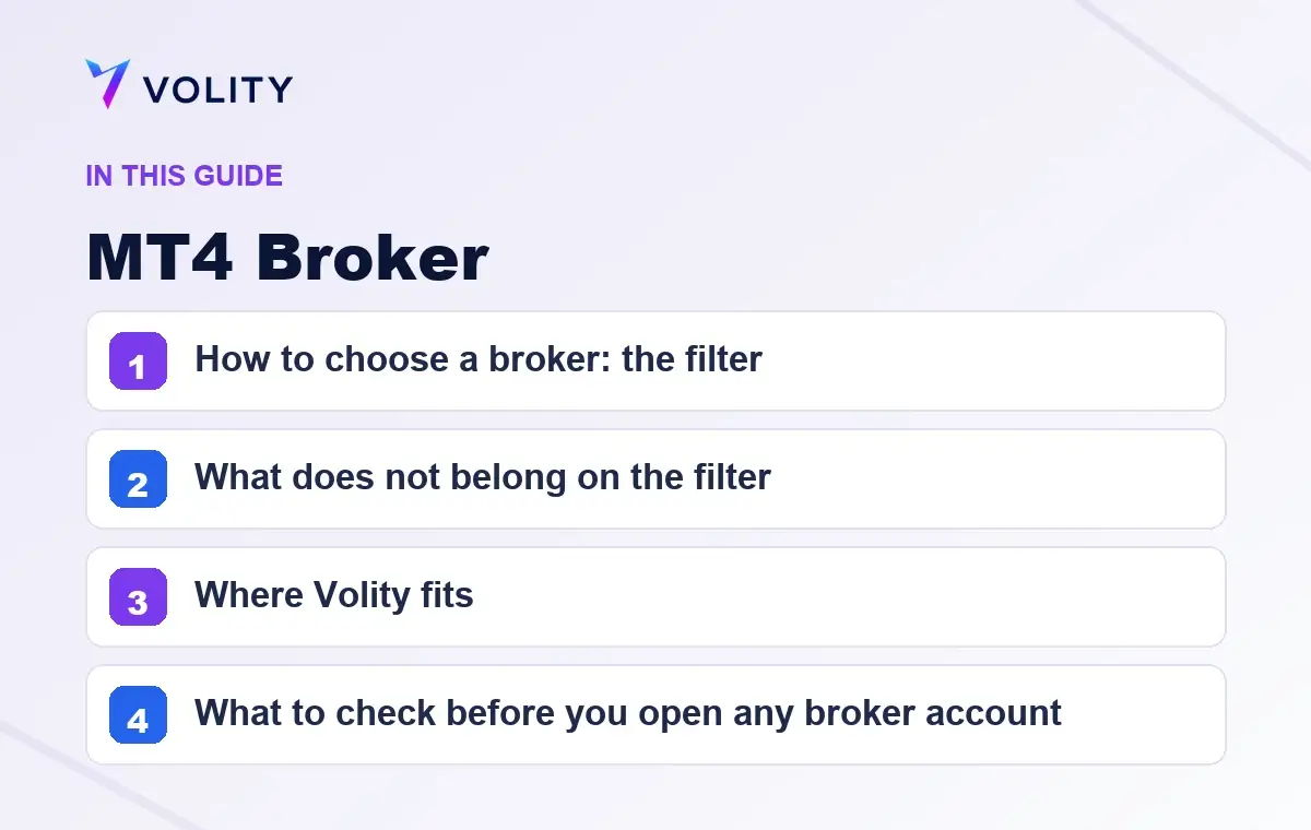 Key sections covered in this Volity guide to MT4 Broker