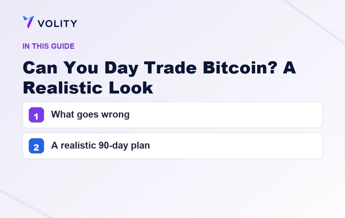 Key sections covered in this Volity guide to Can You Day Trade Bitcoin? A Realistic Look