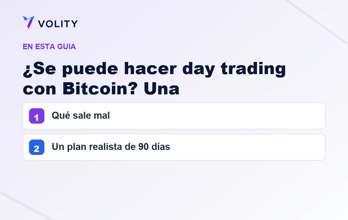 Secciones clave de esta guía de Volity sobre ¿Se puede hacer day trading con Bitcoin? Una