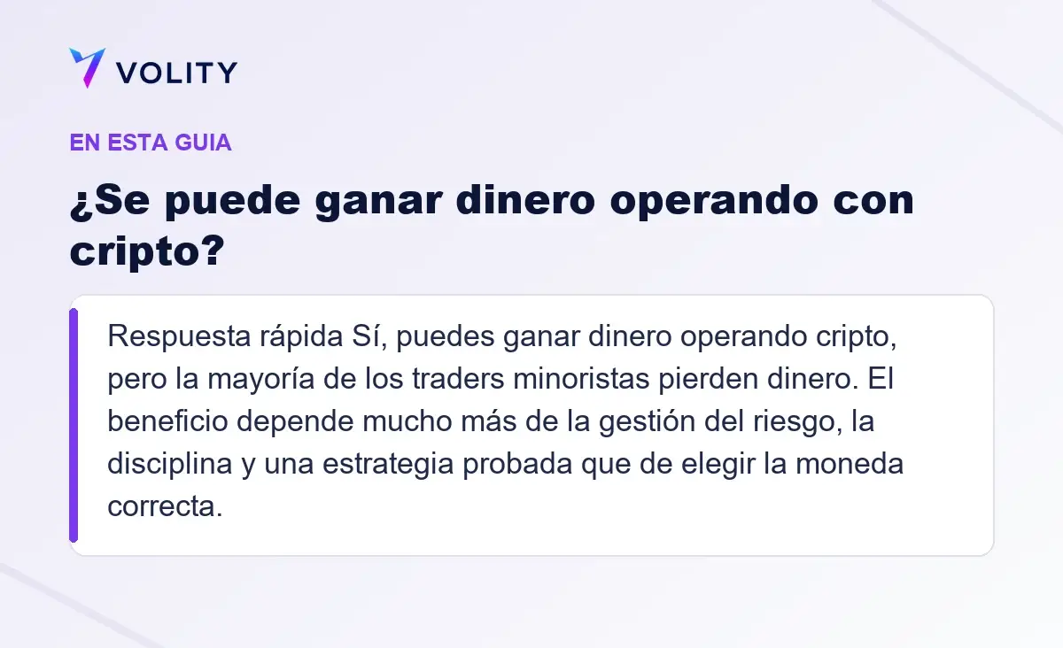 Secciones clave de esta guía de Volity sobre ¿Se puede ganar dinero operando con cripto?