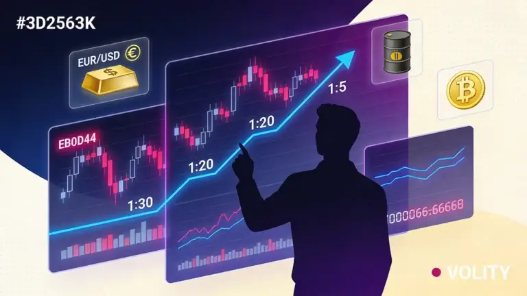 Benefits of CFD trading: trader analysing leverage charts at 1:30, 1:20, 1:5 with EUR/USD, gold, oil, and BTC asset cards.