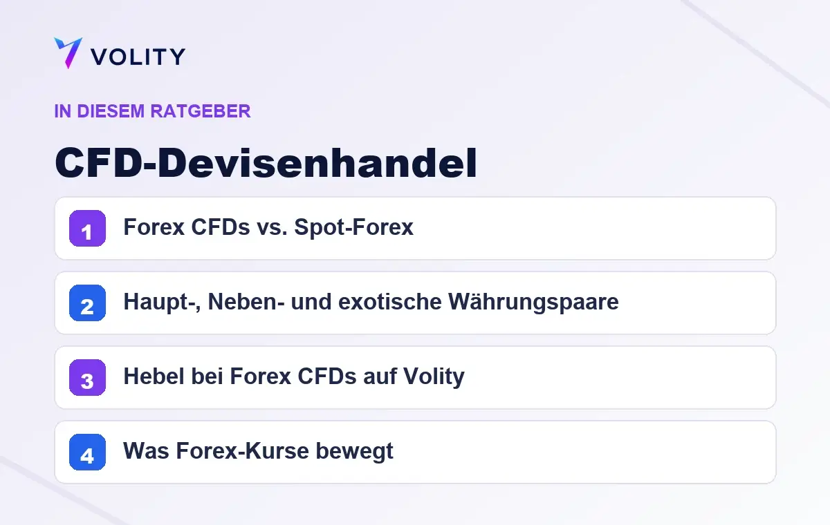 Wichtige Abschnitte in diesem Volity-Ratgeber zu CFD-Devisenhandel