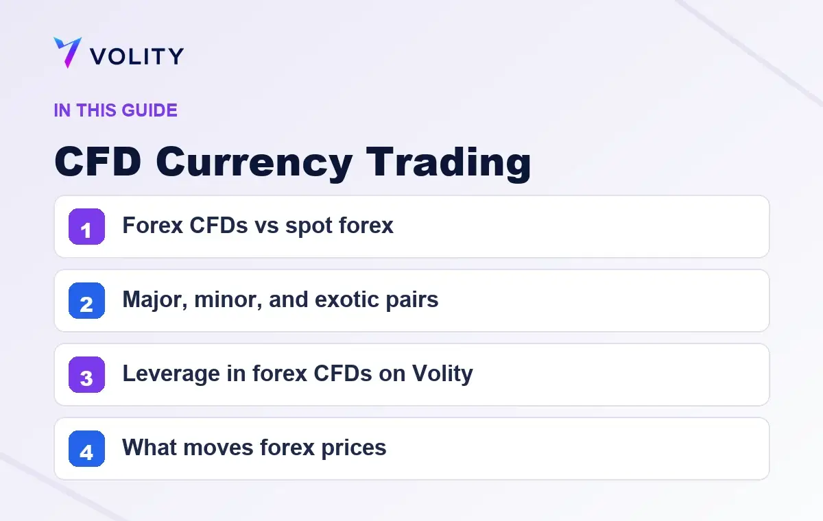 Key sections covered in this Volity guide to CFD Currency Trading