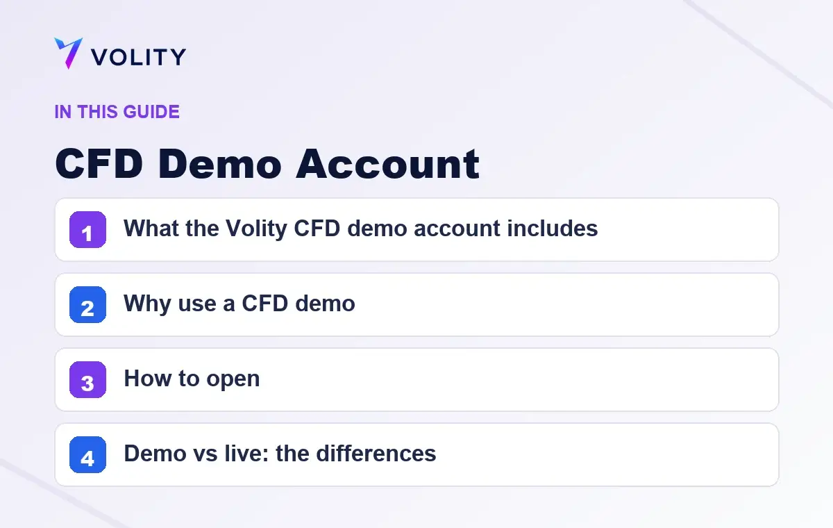 Key sections covered in this Volity guide to CFD Demo Account