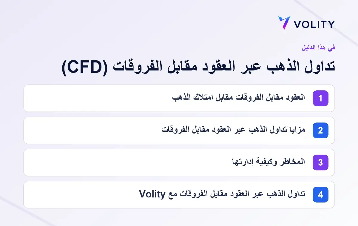الأقسام الرئيسية في دليل Volity حول تداول الذهب عبر العقود مقابل الفروقات (CFD)