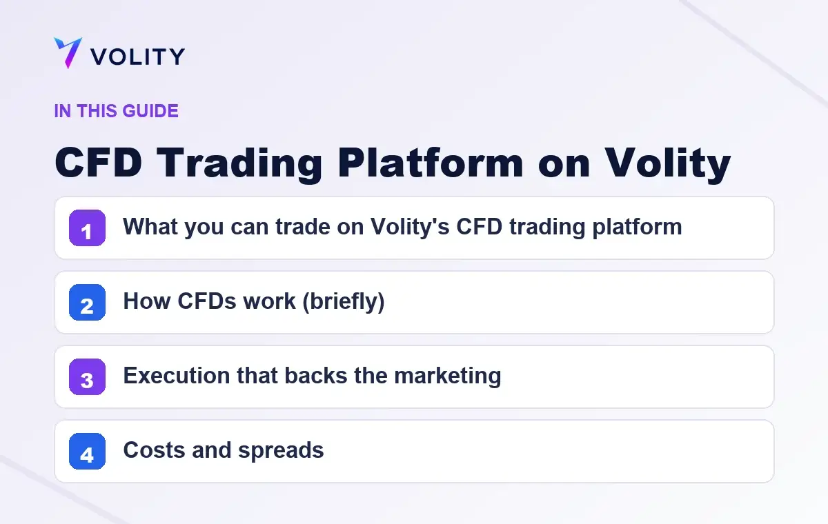 Key sections covered in this Volity guide to CFD Trading Platform on Volity