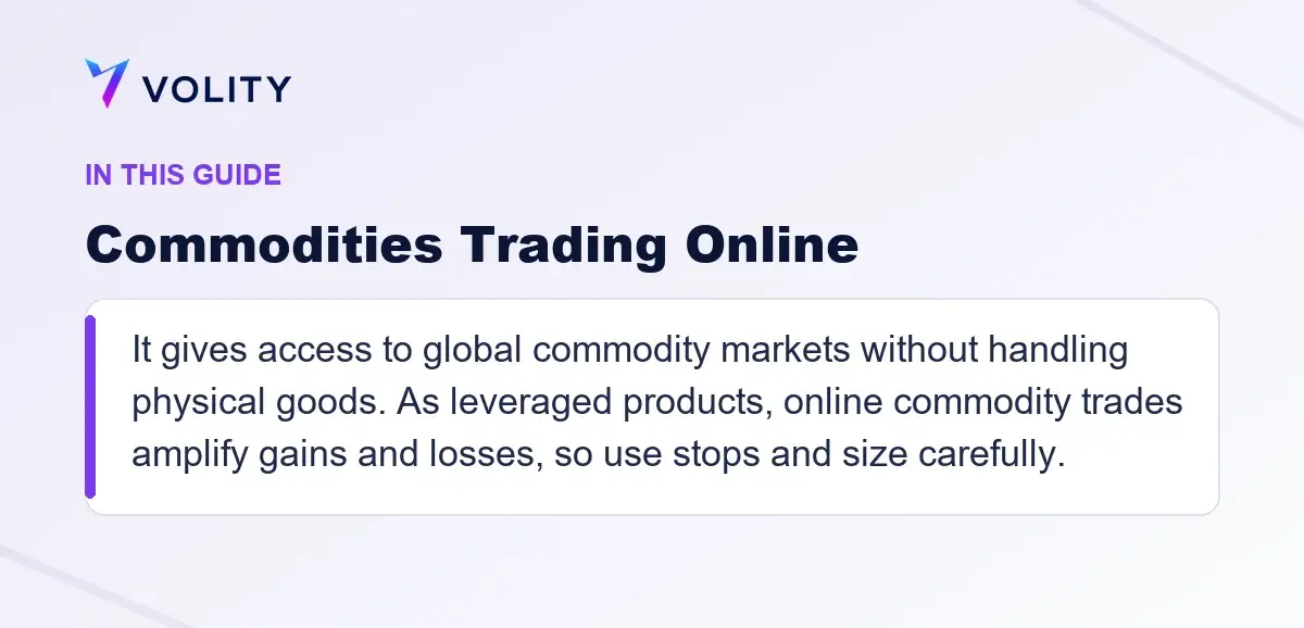 Key sections covered in this Volity guide to Commodities Trading Online