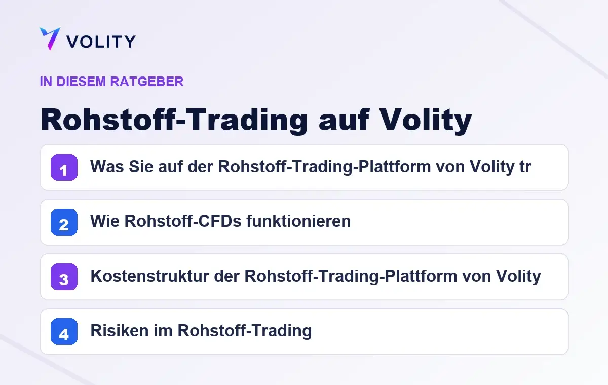 Wichtige Abschnitte in diesem Volity-Ratgeber zu Rohstoff-Trading auf Volity