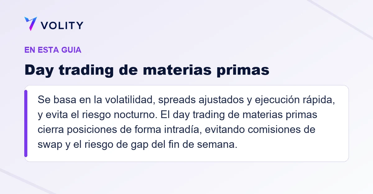 Secciones clave de esta guía de Volity sobre Day trading de materias primas