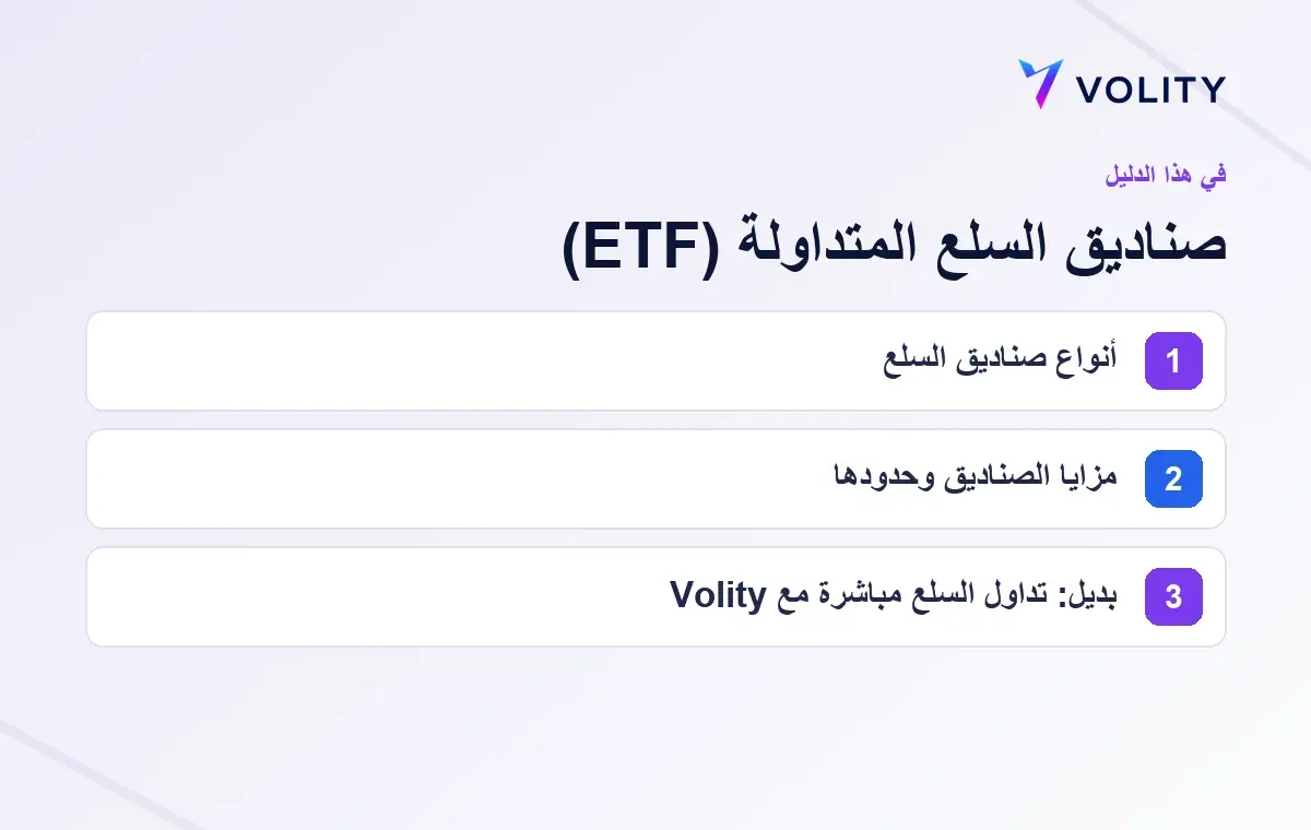 الأقسام الرئيسية في دليل Volity حول صناديق السلع المتداولة (ETF)
