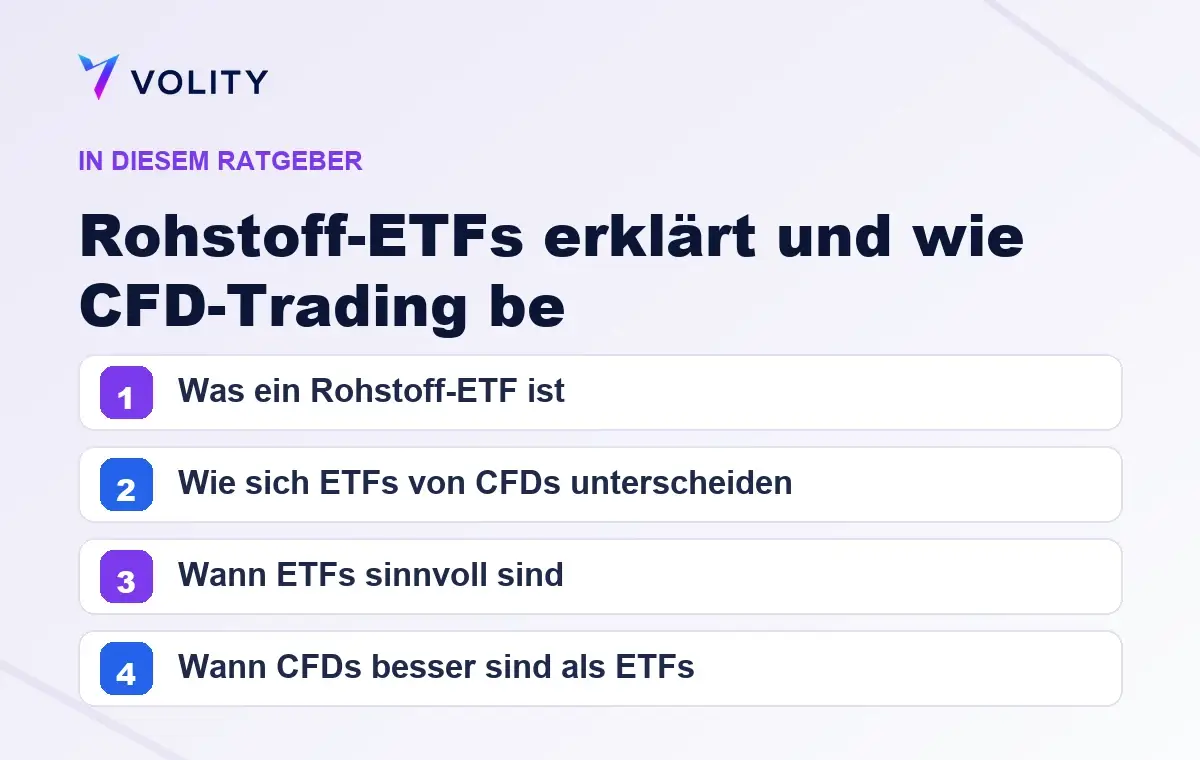 Wichtige Abschnitte in diesem Volity-Ratgeber zu Rohstoff-ETFs erklärt und wie CFD-Trading be
