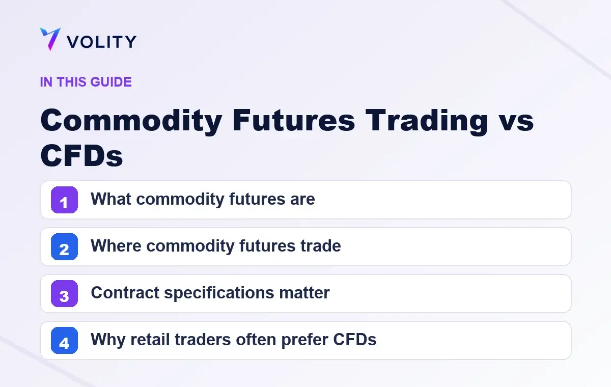 Key sections covered in this Volity guide to Commodity Futures Trading vs CFDs