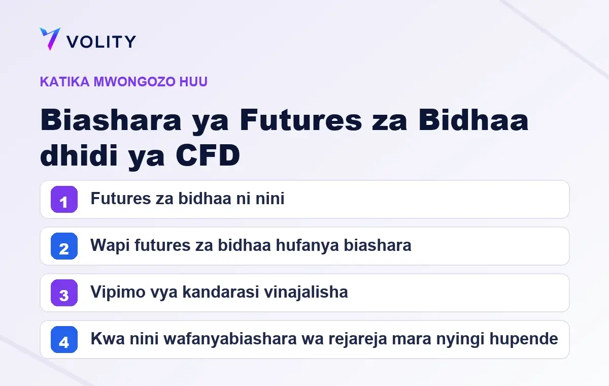 Sehemu muhimu katika mwongozo huu wa Volity kuhusu Biashara ya Futures za Bidhaa dhidi ya CFD