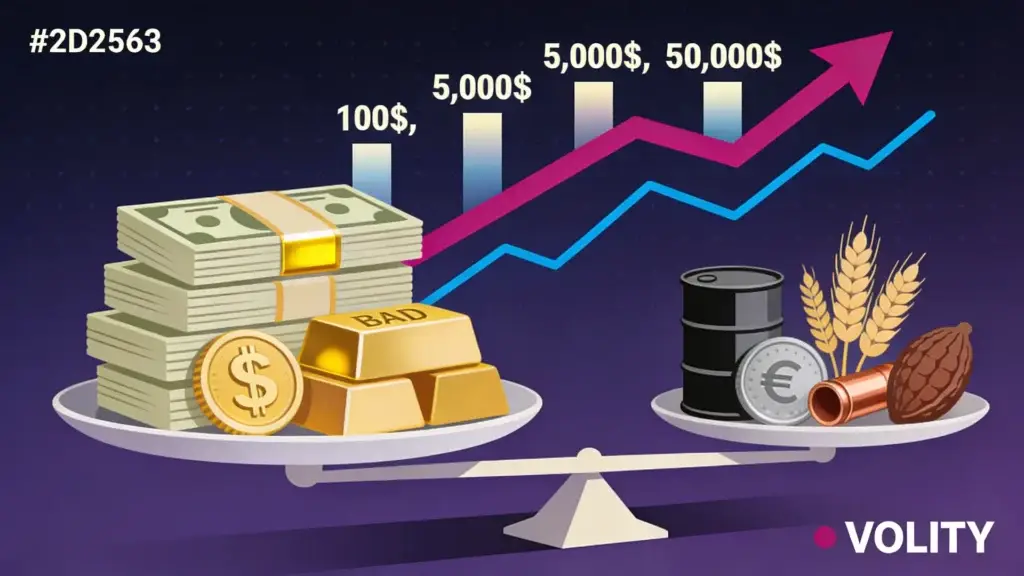 Capital tiers ($100, $500, $5,000, $50,000) on a balanced scale against gold, oil, silver, wheat, copper, cocoa commodity icons.