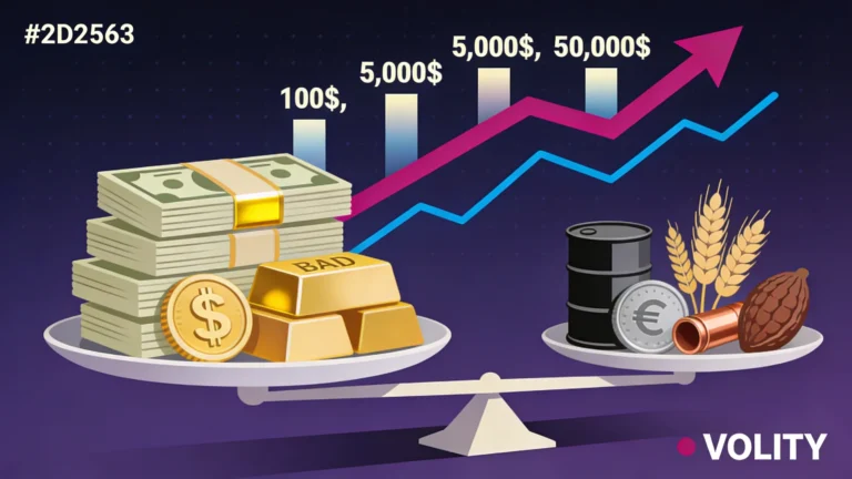 Capital tiers ($100, $500, $5,000, $50,000) on a balanced scale against gold, oil, silver, wheat, copper, cocoa commodity icons.