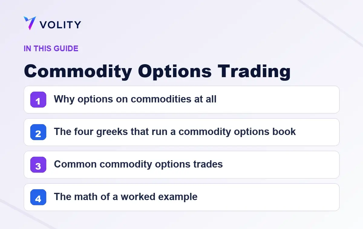 Key sections covered in this Volity guide to Commodity Options Trading
