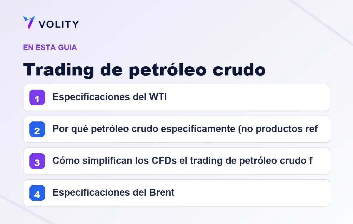 Secciones clave de esta guía de Volity sobre Trading de petróleo crudo