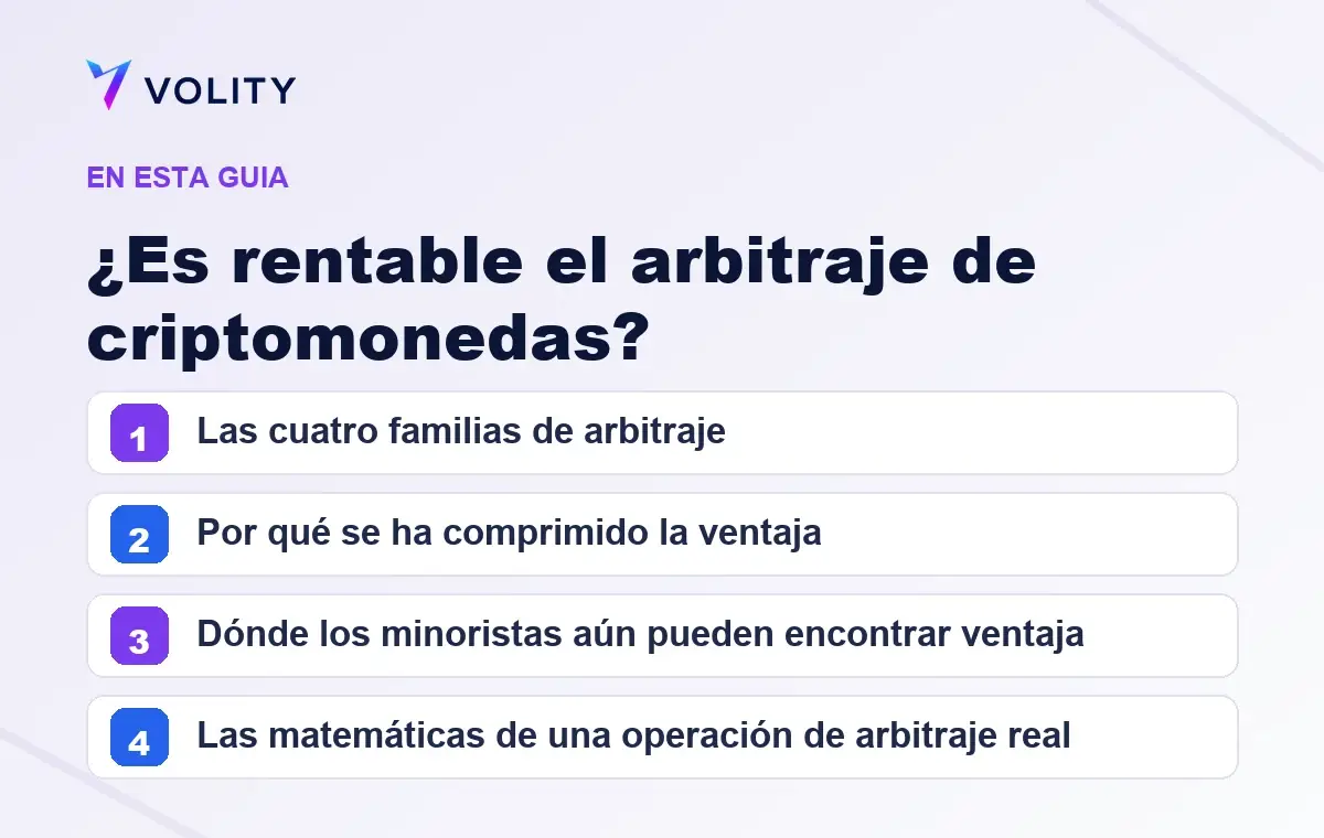Secciones clave de esta guía de Volity sobre ¿Es rentable el arbitraje de criptomonedas?