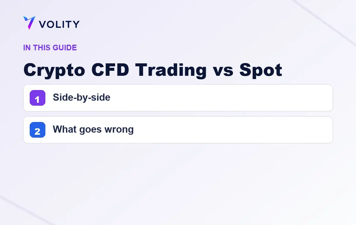 Key sections covered in this Volity guide to Crypto CFD Trading vs Spot