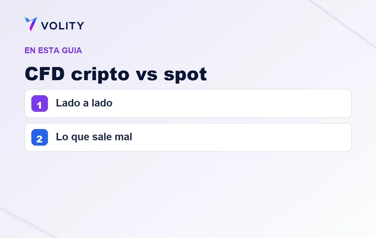 Secciones clave de esta guía de Volity sobre CFD cripto vs spot