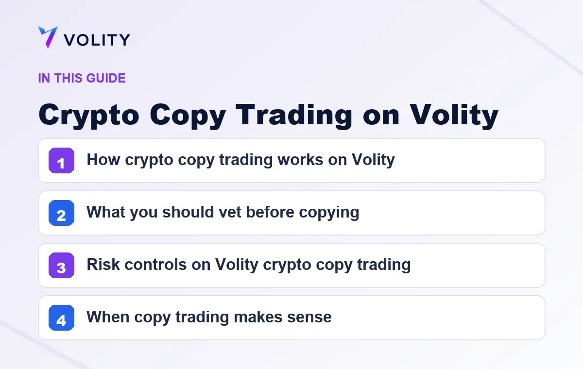 Key sections covered in this Volity guide to Crypto Copy Trading on Volity