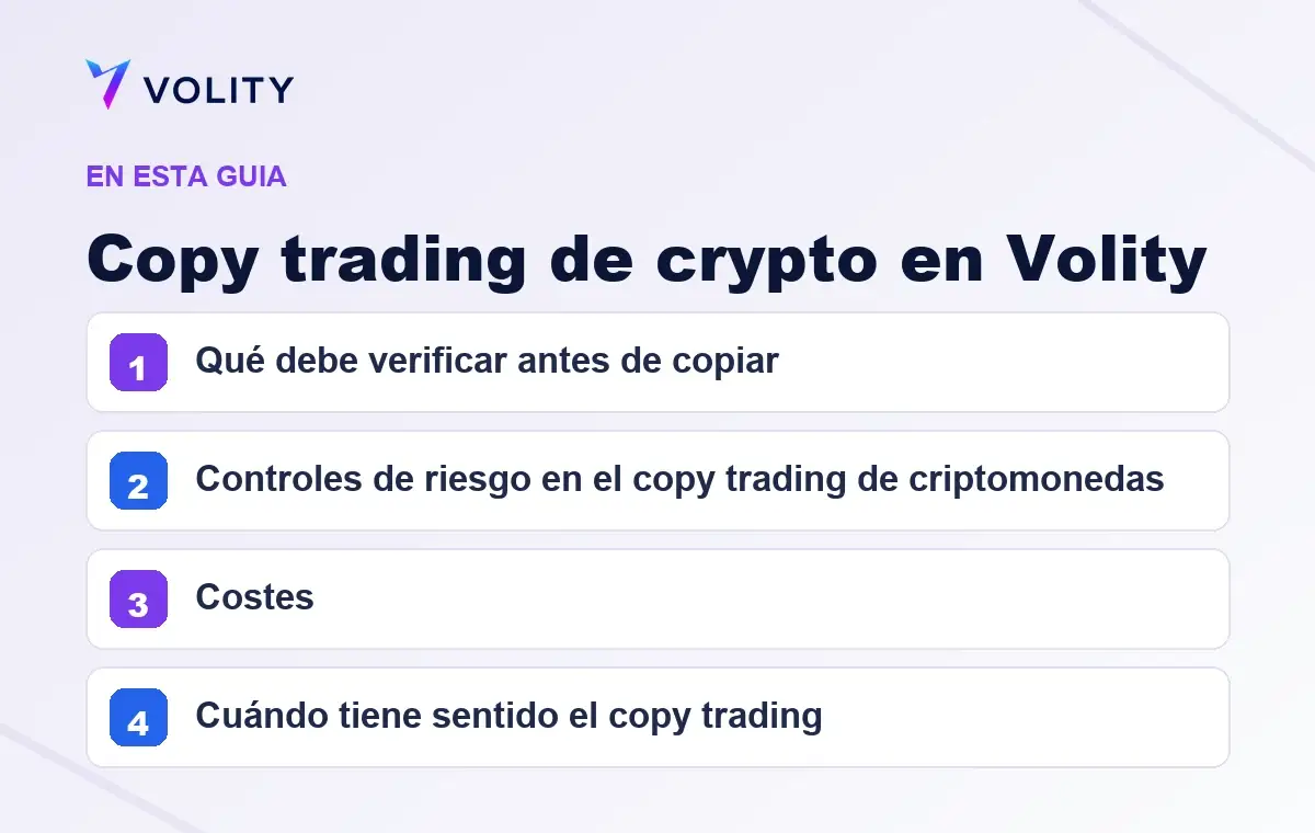Secciones clave de esta guía de Volity sobre Copy trading de crypto en Volity