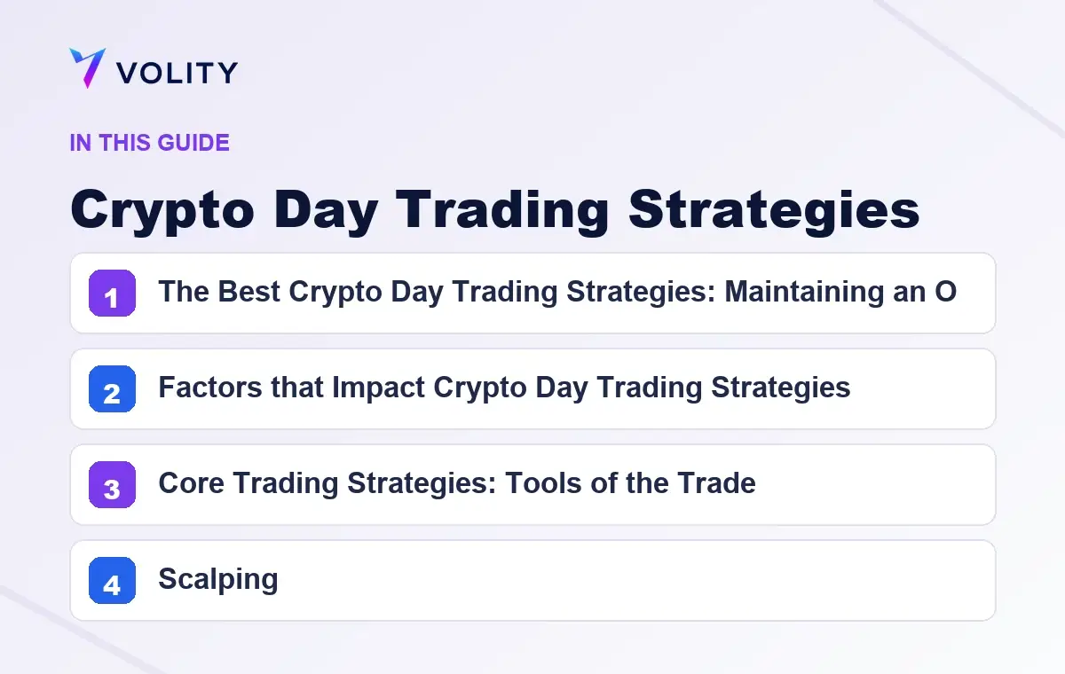 Key sections covered in this Volity guide to Crypto Day Trading Strategies