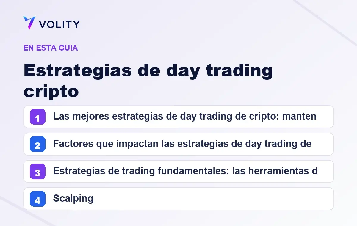 Secciones clave de esta guía de Volity sobre Estrategias de day trading cripto