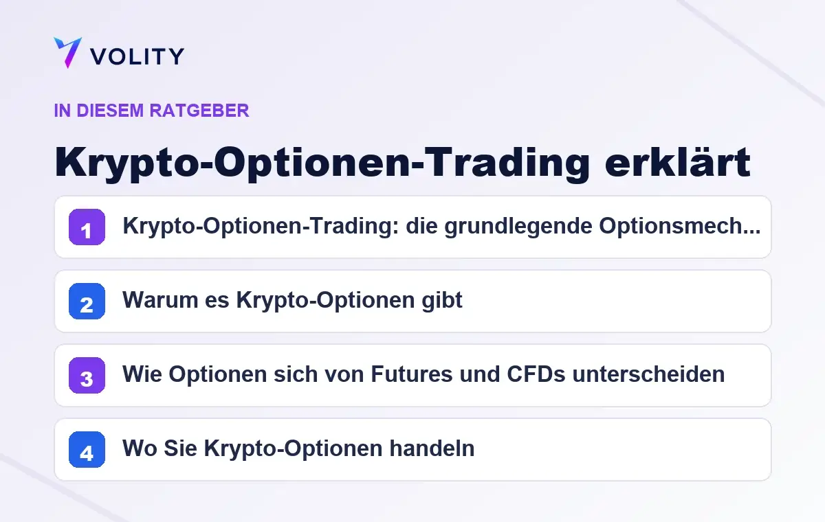 Wichtige Abschnitte in diesem Volity-Ratgeber zu Krypto-Optionen-Trading erklärt