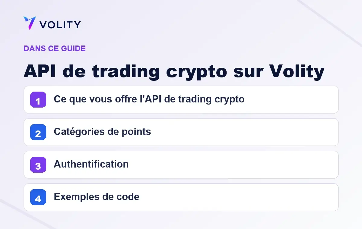Sections clés de ce guide Volity sur API de trading crypto sur Volity