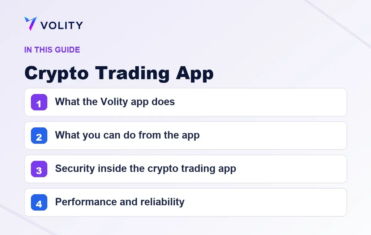 Key sections covered in this Volity guide to Crypto Trading App