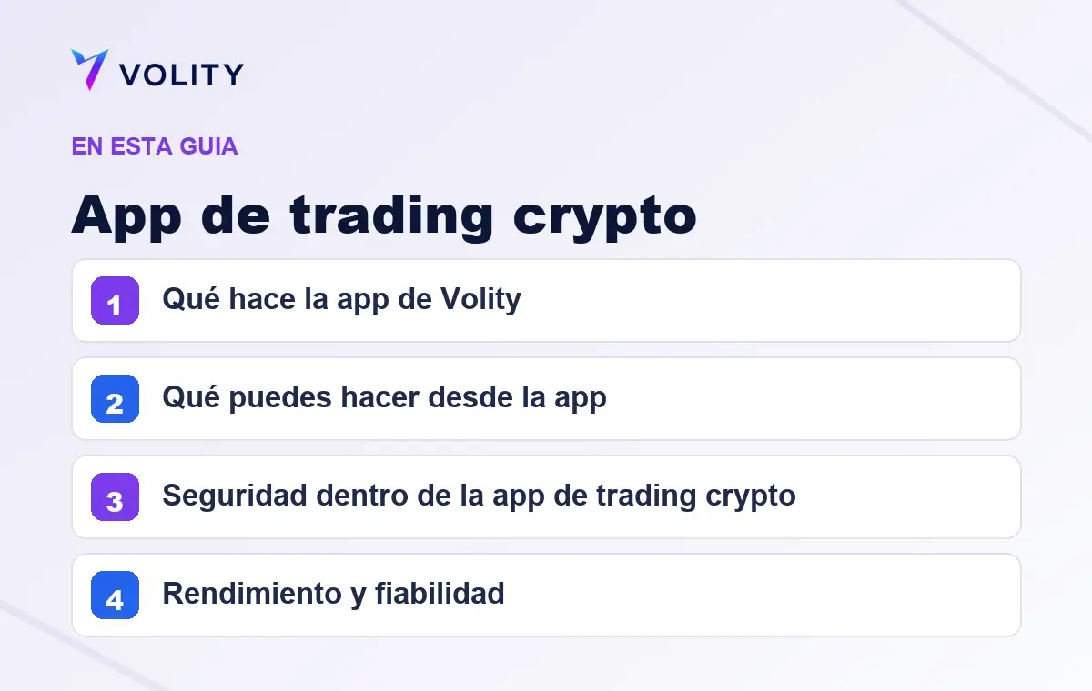 Secciones clave de esta guía de Volity sobre App de trading crypto