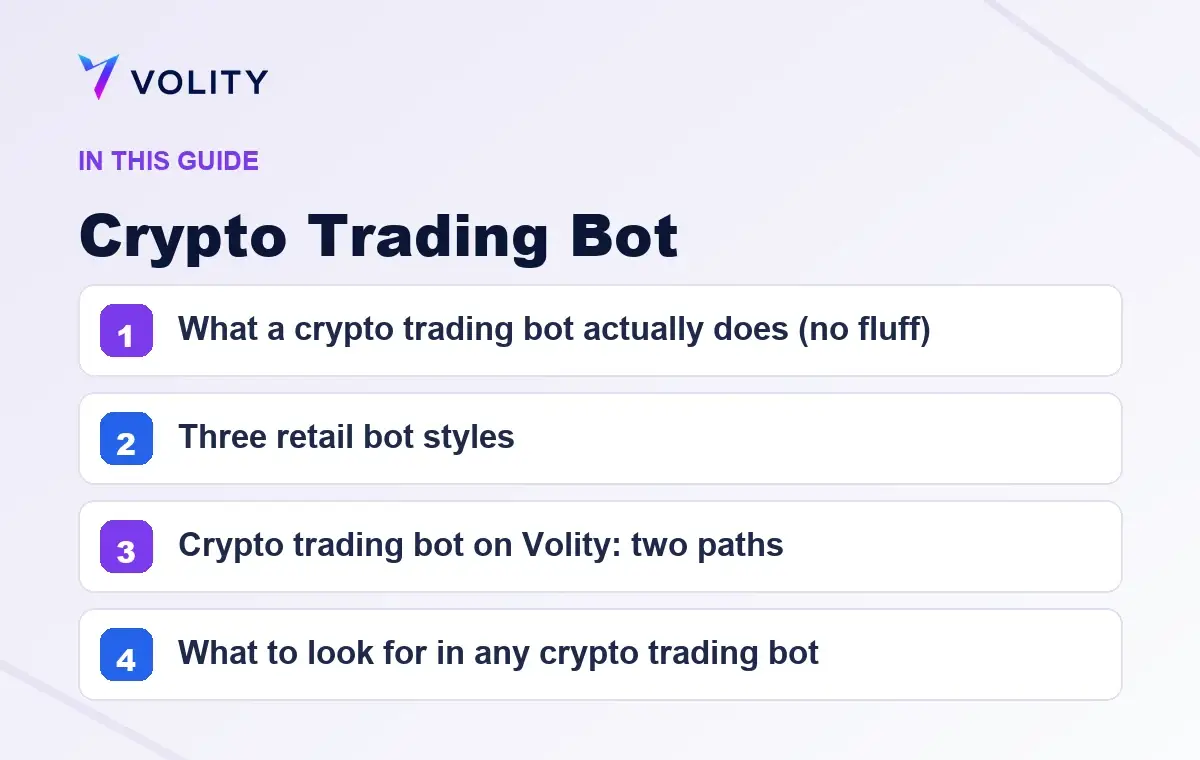 Key sections covered in this Volity guide to Crypto Trading Bot